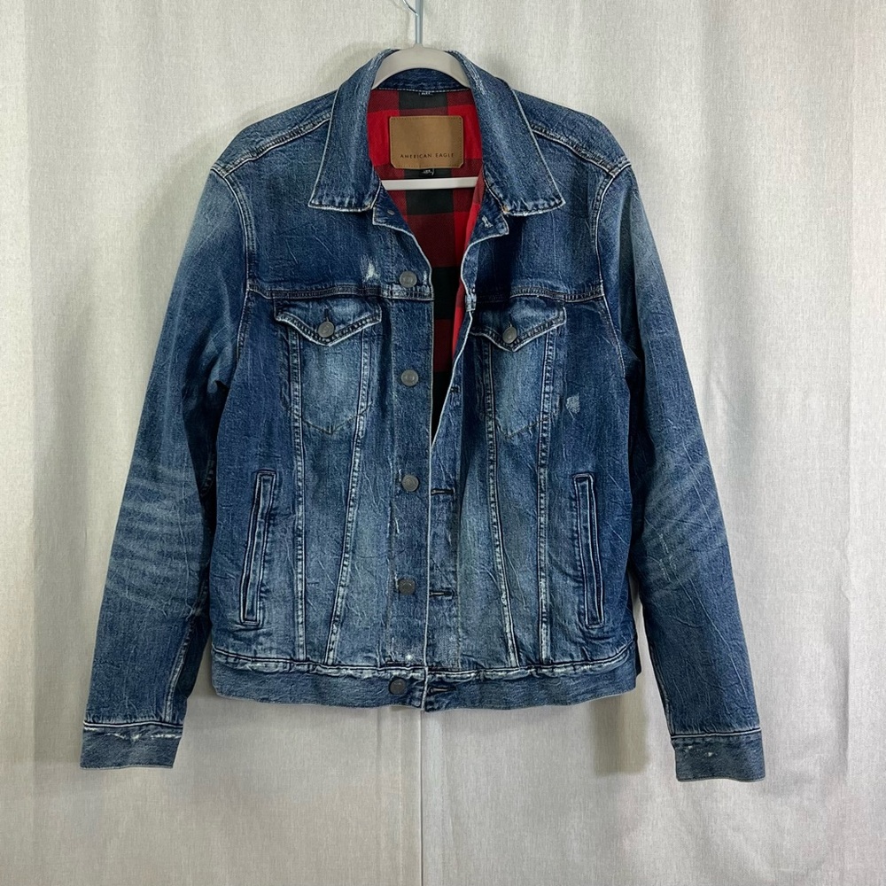 AE American Eagle flannel lined denim jean jacket men’s buffalo check Size Large